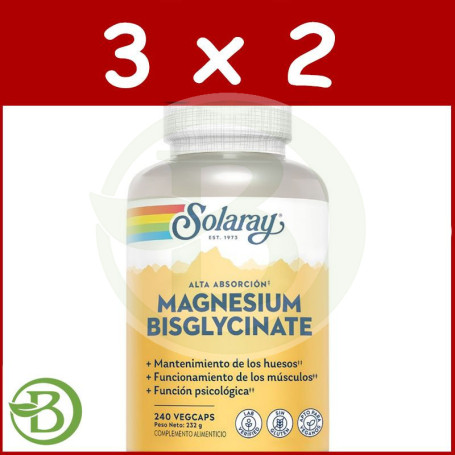 Pack 3x2 Magnesio Bisglycinate 240 Cápsulas Vegetales Solaray