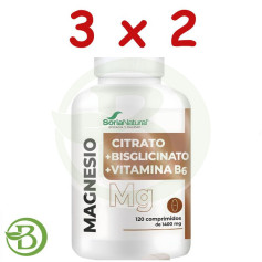 Pacote com 3x2 comprimidos de citrato de magnésio + bisglicinato + vitamina B6, 120 comprimidos cada, Soria Natural