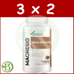 Pacote com 3x2 cápsulas de bisglicinato de magnésio, 60 cápsulas cada, Soria Natural