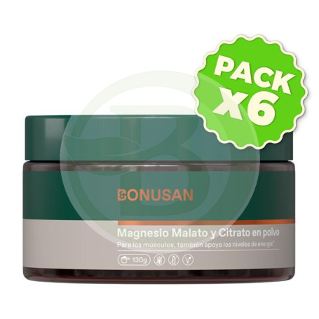 Pack 6x Magnesio, Malato y Citrato en Polvo 130 Gr Bonusan