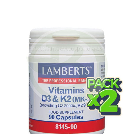 Pack 2x Vitaminas D3 2000Ui y K2 90Mcg 90 Cápsulas Lamberts