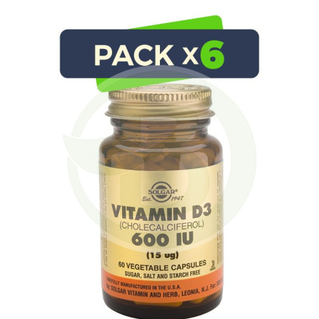 Pack 6x Vitamina D3 600UI (15Mcg.) 60 Cápsulas Solgar