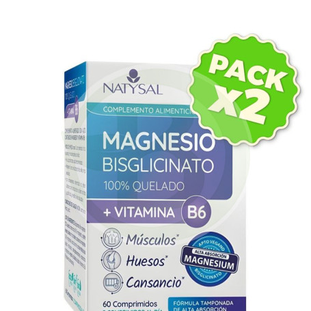 Pack 2x Magnesio Bisglicinato con B6 180 Comprimidos Natysal