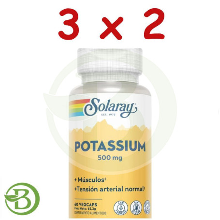 Pack 3x2 Potasio 500Mg 60 Cápsulas Vegetales Solaray